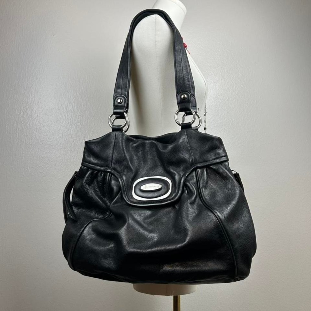 B Makowsky Y2K Large Shoulder Hobo Bag Black Leather Silver Hardware Alt Goth